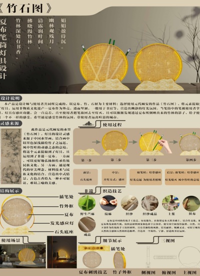 《竹石图》夏布笔筒灯具设计