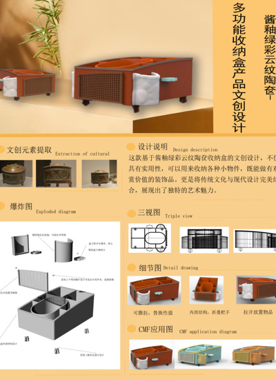 酱釉绿彩云纹陶奁—多功能收纳盒产品文创设计