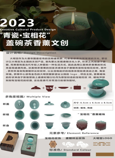 ”青瓷·宝相花“盖碗茶香薰文创设计